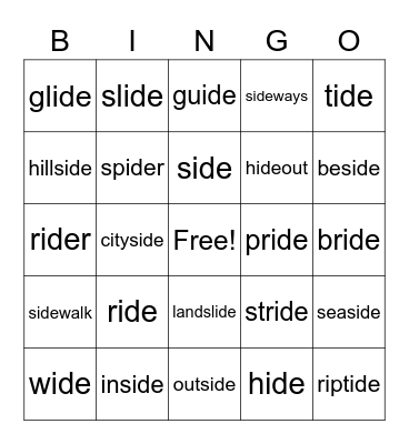 Word Part:  ide Bingo Card