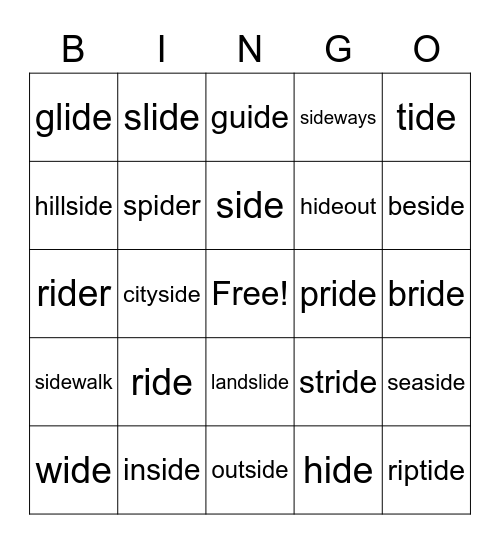 Word Part:  ide Bingo Card