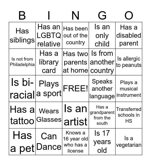 Diversity Bingo Card