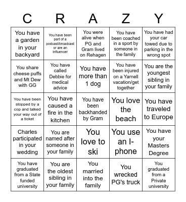 Yarnell Family Bingo Card