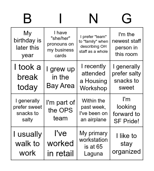 It's OPS Team Bingo! Bingo Card