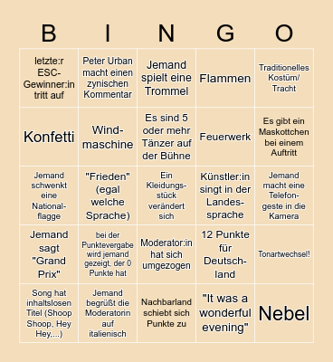 ESC Bingo 2022 Bingo Card