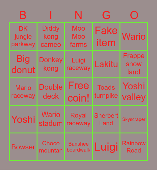 Mario kart 64 bingo Card