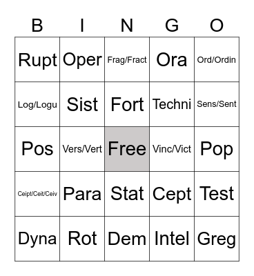 Greek and Latin Roots Bingo Card