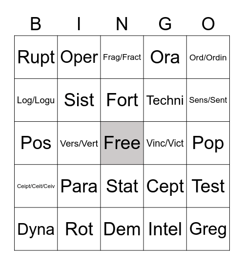 Greek and Latin Roots Bingo Card