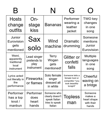 Eurovision Bingo - 2022 Bingo Card