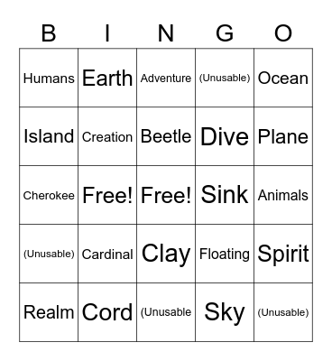 Cherokee Creation Bingo Card