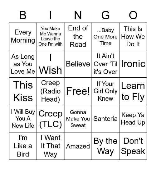 Yaymaker 90's Music Bingo 55 Songs Bingo Card