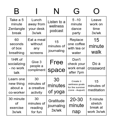 Wellness Bingo Card