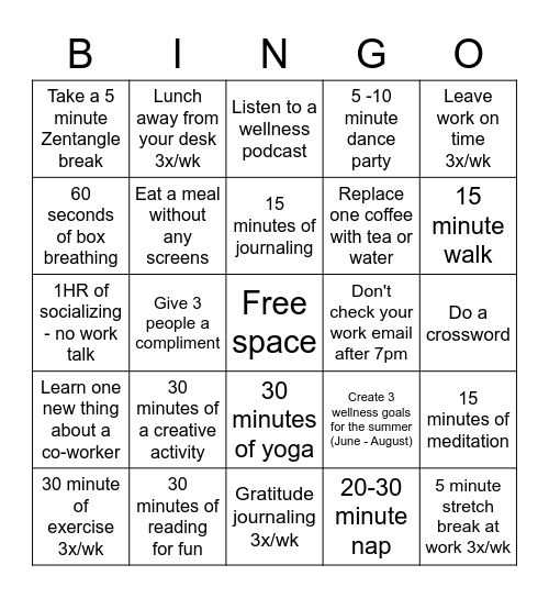 Wellness Bingo Card