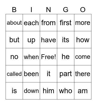 First Grade Sight Words Bingo Card