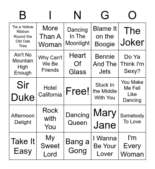 Yaymaker 70's Music Bingo 42 songs Bingo Card