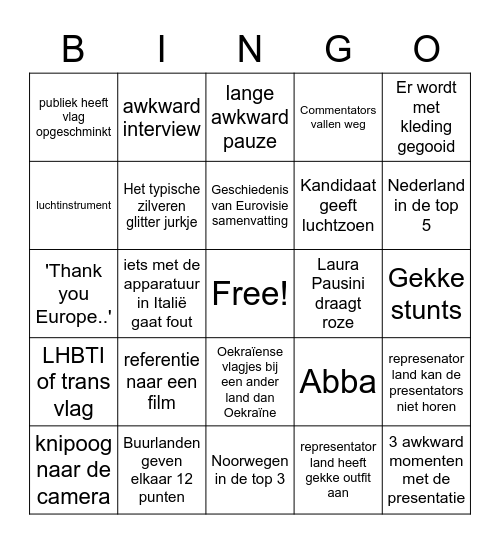 Eurovisie 2022 ))) Bingo Card