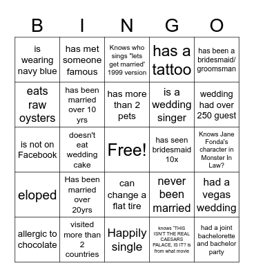 Bridal Bingo Card