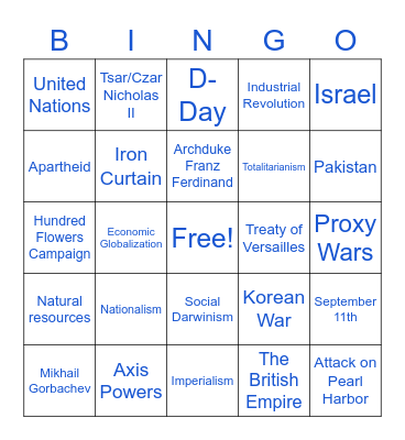 World History B Semester Bingo Card