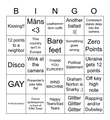 ** !! EUROVISION BINGO !! ** Bingo Card