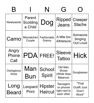 MALL PEOPLE WATCHING BINGO!!!!!!!! Bingo Card