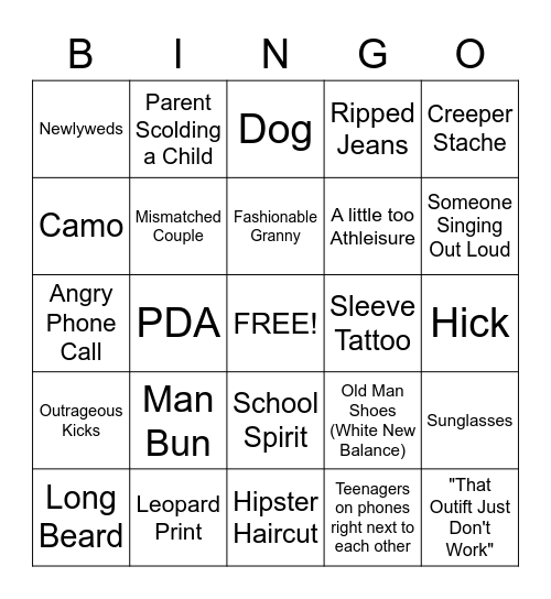 MALL PEOPLE WATCHING BINGO!!!!!!!! Bingo Card