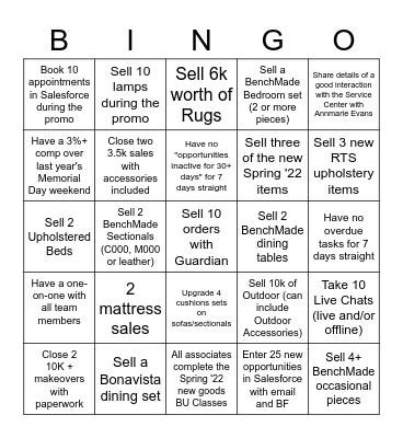 Memorial Day Bingo Contest- Manager Bingo Card