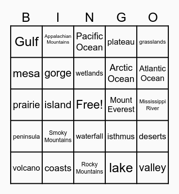 Landforms Bingo Card