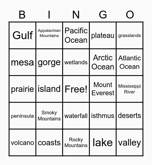 Landforms Bingo Card