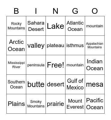 Landforms Bingo Card