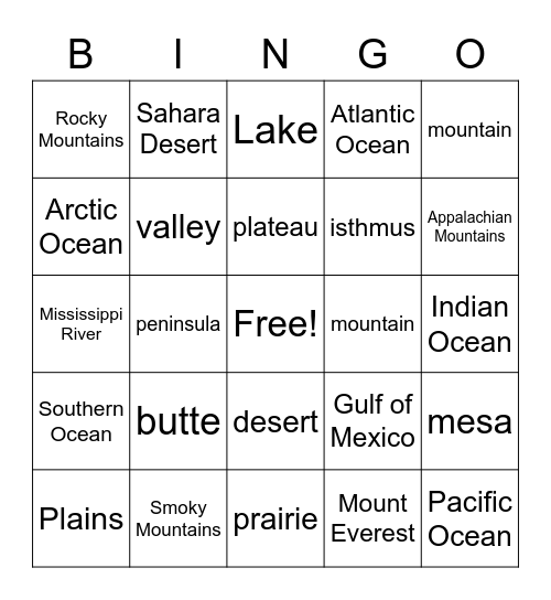 Landforms Bingo Card