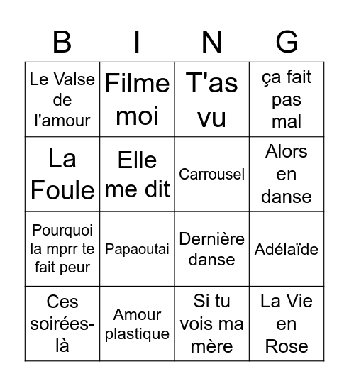 DES CHANSONS Bingo Card