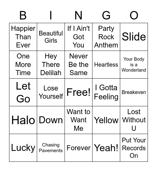 Yaymaker Hits Music Bingo 2000's II 35 songs Bingo Card