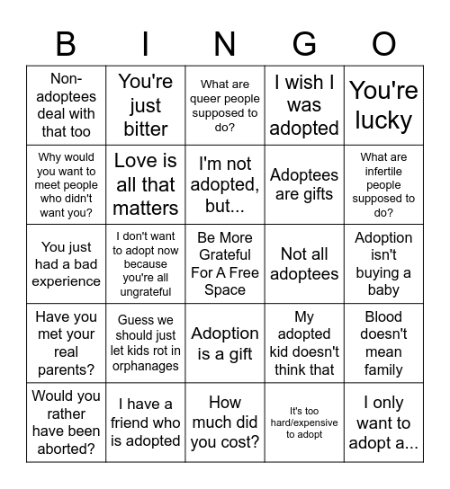 Adoptee Bingo Card