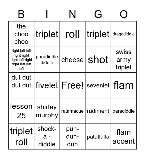 Drummer Lingo Bingo Card