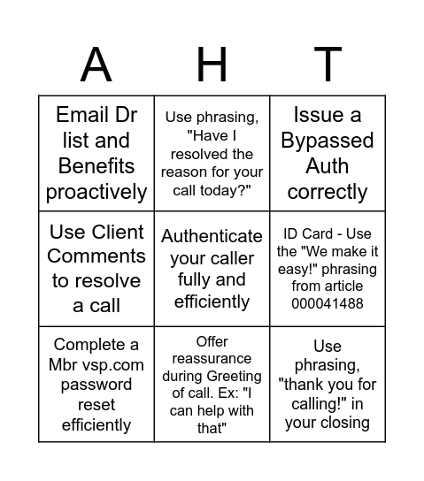 AHT Bingo Card