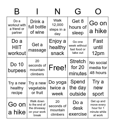 Health & Fitness Bingo Card