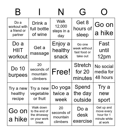 Health & Fitness Bingo Card