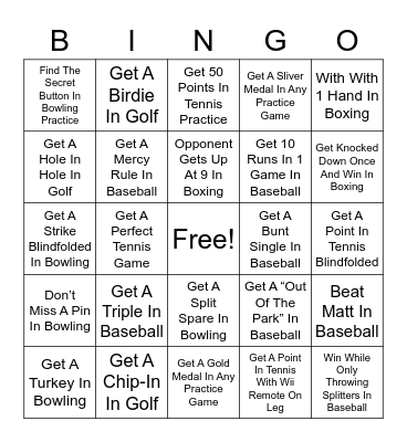 Wii Sports BINGO Card