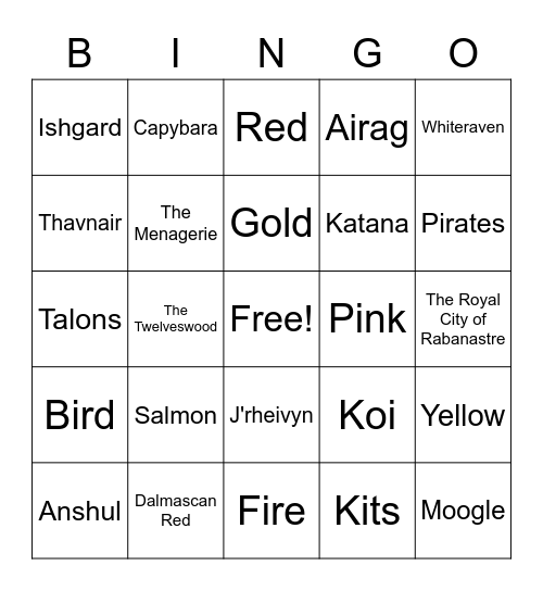 Bird's Bar Bingo Card