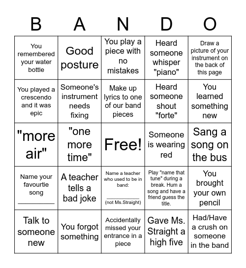Band Retreat Bingo Card