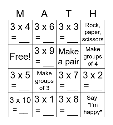 Times Table 3 Bingo Card