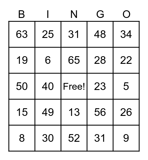 Number Bingo 1-80 Bingo Card