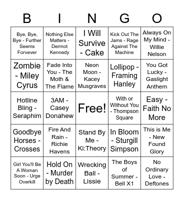 Cover Songs Bingo Card