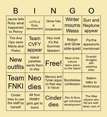⚔️ RWBY Volume 9 ⚔️ Bingo Card