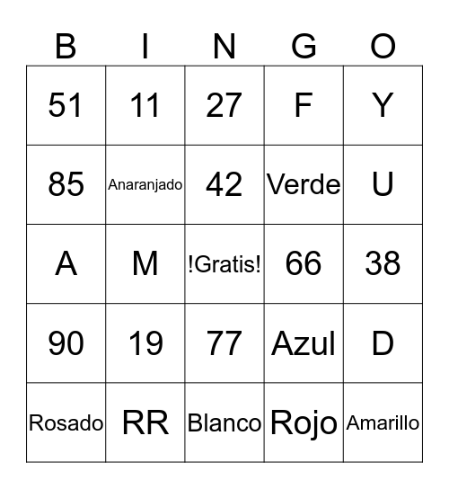 Alfabeto, Colores, Numeros Bingo Card