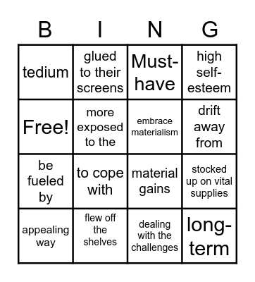 Being less materialistic Bingo Card
