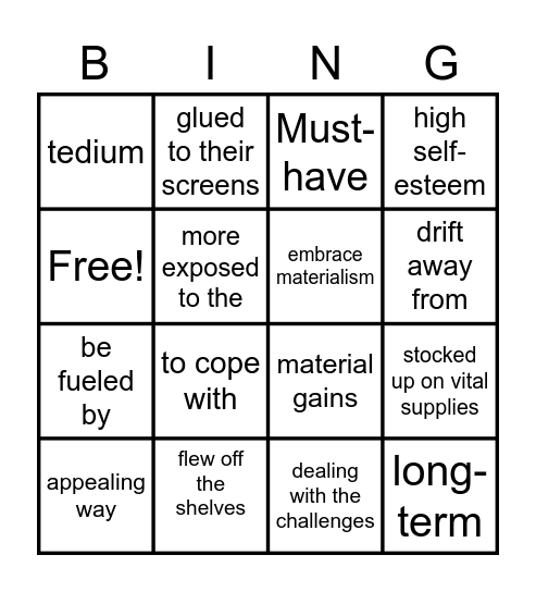 Being less materialistic Bingo Card