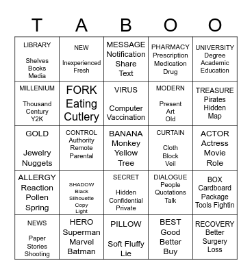 TABOO Bingo Card