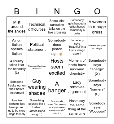 Tim Eurovision Bingo Card