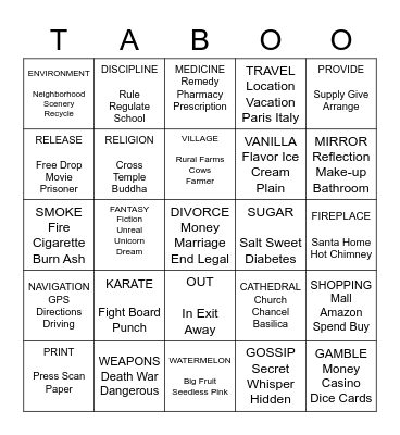 Taboo Bingo Card