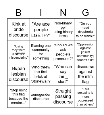 Pride Month Discourse Bingo Card