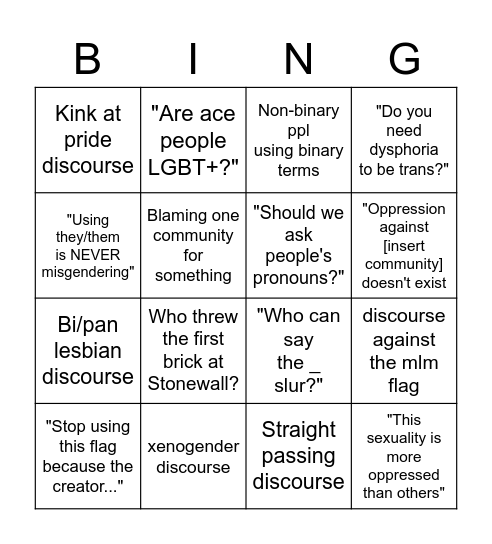 Pride Month Discourse Bingo Card