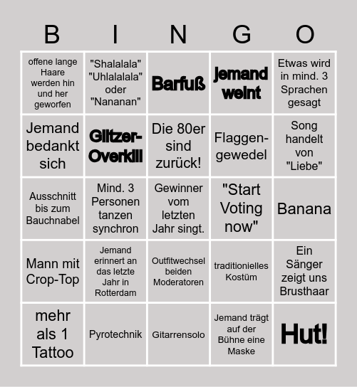 Eurovision Bingo - 2022 Bingo Card